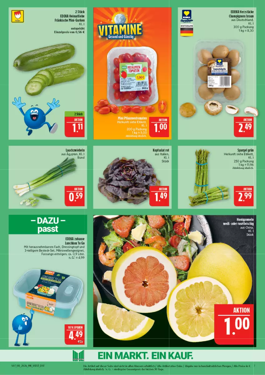 Aktueller Prospekt Marktkauf - Prospekt - von 15.02 bis 21.02.2026 - strona 7 - produkty: besteck, besteck-set, braun, champignon, champignons, champignons braun, deka, dressing, eis, elle, gurke, gurken, honig, Honigpomelo, kopfsalat, Lauchzwiebel, lauchzwiebeln, lunchbox, mikrowelle, mini-gurken, pflaume, pflaumen, Pomelo, reis, salat, spargel, spargel grün, Ti, tomate, tomaten, topf, ZTE, zwiebel, zwiebeln