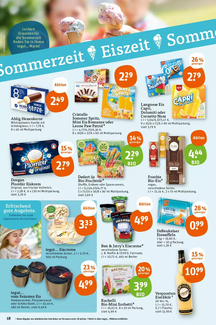 Aktueller Prospekt Tegut - Angebote der Woche - von 03.07 bis 08.07.2023 - strona 20 - produkty: acer, alkohol, angebot, angebote, Becher, bett, bio, Cap, cornetto, creme, debeukelaer, decke, dovgan, eier, eierlikör, eis, eiscreme, eiswaffeln, flasche, frucht, getränk, getränke, gin, himbeer, kerze, langnese, langnese eis, likör, milch, netflix, nuss, Paw Patrol, pistazien, schoko, Sorbet, Ti, vanille, verpoorten, vollmilch, waffeln