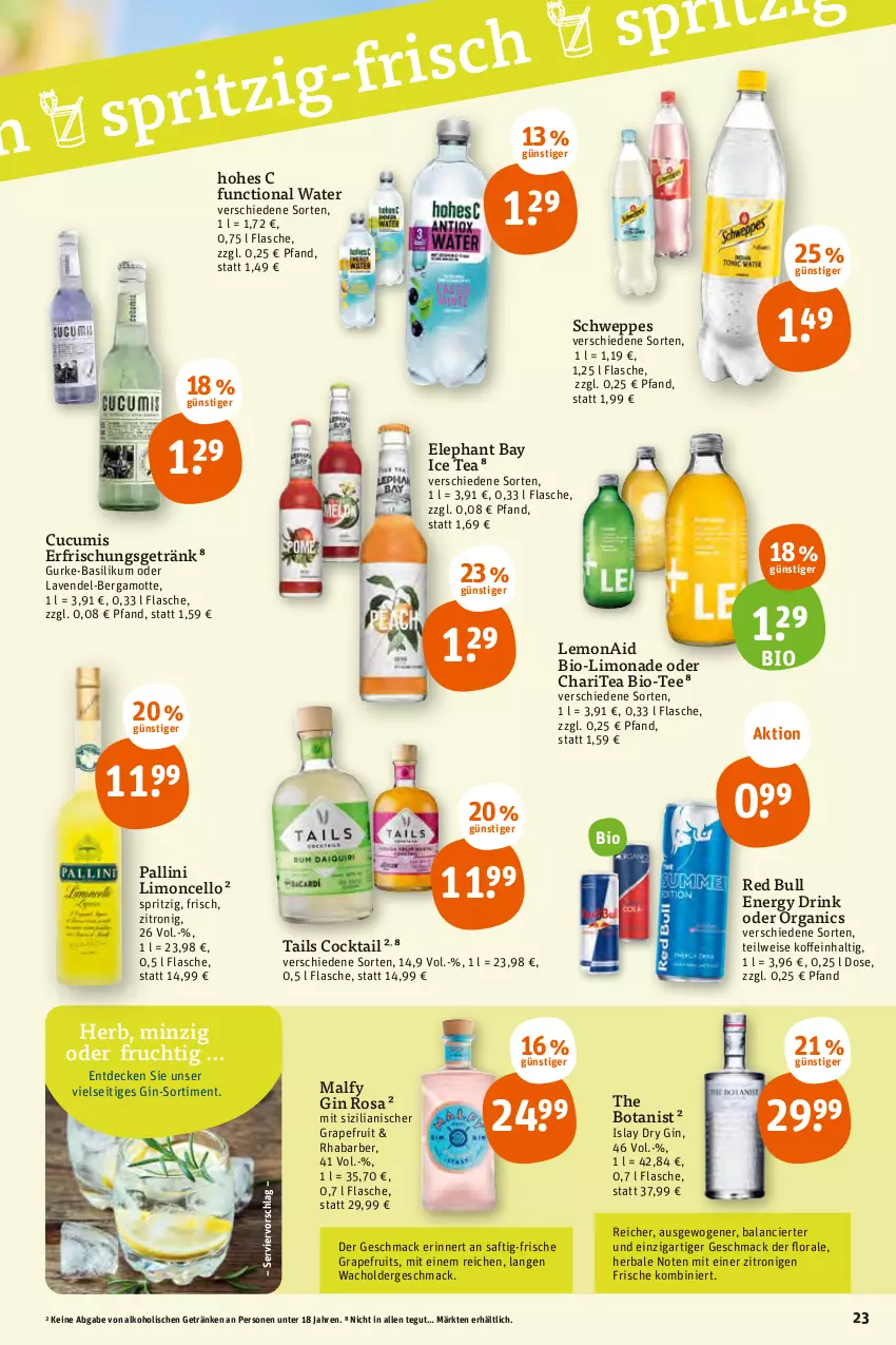 Aktueller Prospekt Tegut - Angebote der Woche - von 03.07 bis 08.07.2023 - strona 25 - produkty: alkohol, basilikum, Bergamotte, bio, cocktail, decke, drink, dry gin, eis, Elephant Bay, energy drink, erfrischungsgetränk, flasche, frucht, getränk, getränke, gin, grapefruit, gurke, Hohes C, ice tea, lavendel, limo, limonade, mac, red bull, rhabarber, saft, schweppes, tee, Ti