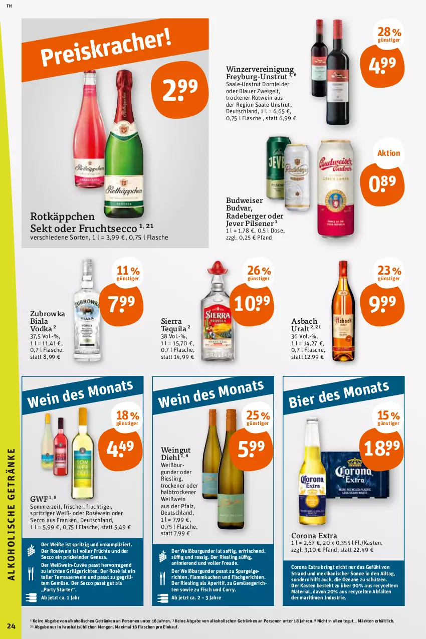 Aktueller Prospekt Tegut - Angebote der Woche - von 03.07 bis 08.07.2023 - strona 26 - produkty: alkohol, aperitif, asbach uralt, auer, Berger, bier, blauer zweigelt, budweiser, burgunder, corona, corona extra, curry, cuvée, dornfelder, ecco, eis, fisch, flammkuchen, flasche, frucht, früchte, fruchtsecco, getränk, getränke, grill, jever, jever pilsener, kuchen, lamm, LG, nuss, pils, pilsener, radeberger, Reinigung, Ria, riesling, ring, roséwein, rotkäppchen, rotwein, saft, Schütze, sekt, Sierra, sierra tequila, spargel, tequila, Ti, vodka, wein, Weißburgunder, Weißwein, weißwein-, Zweigelt