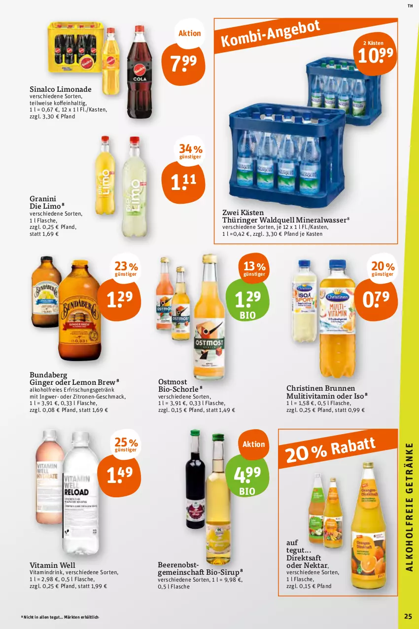 Aktueller Prospekt Tegut - Angebote der Woche - von 03.07 bis 08.07.2023 - strona 27 - produkty: alkohol, Alwa, beere, beeren, bio, brunnen, Bundaberg, direktsaft, drink, eis, erfrischungsgetränk, flasche, getränk, gin, ginger, granini, granini die limo, ingwer, limo, limonade, mac, mineralwasser, Nektar, obst, ring, saft, schorle, sinalco, sirup, Ti, vita, wasser, zitrone, zitronen