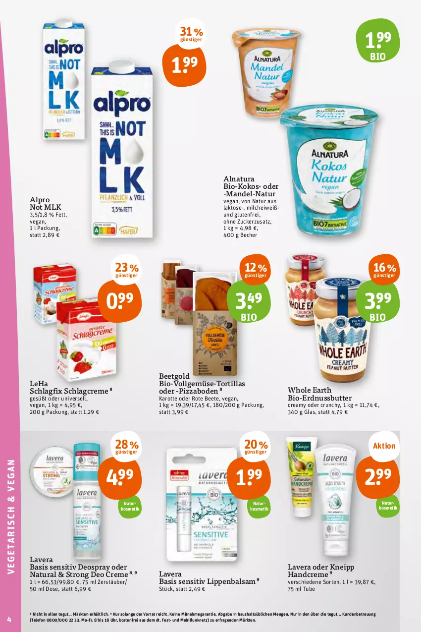 Aktueller Prospekt Tegut - Angebote der Woche - von 03.07 bis 08.07.2023 - strona 6 - produkty: alpro, balsam, Becher, bio, butter, creme, deo, deospray, erdnuss, Erdnussbutter, handcreme, kneipp, kokos, kosmetik, lavera, LG, Lippenbalsam, mandel, milch, natur, natura, naturkosmetik, nuss, pizza, telefon, Ti, tortilla, tortillas, uhr, zucker