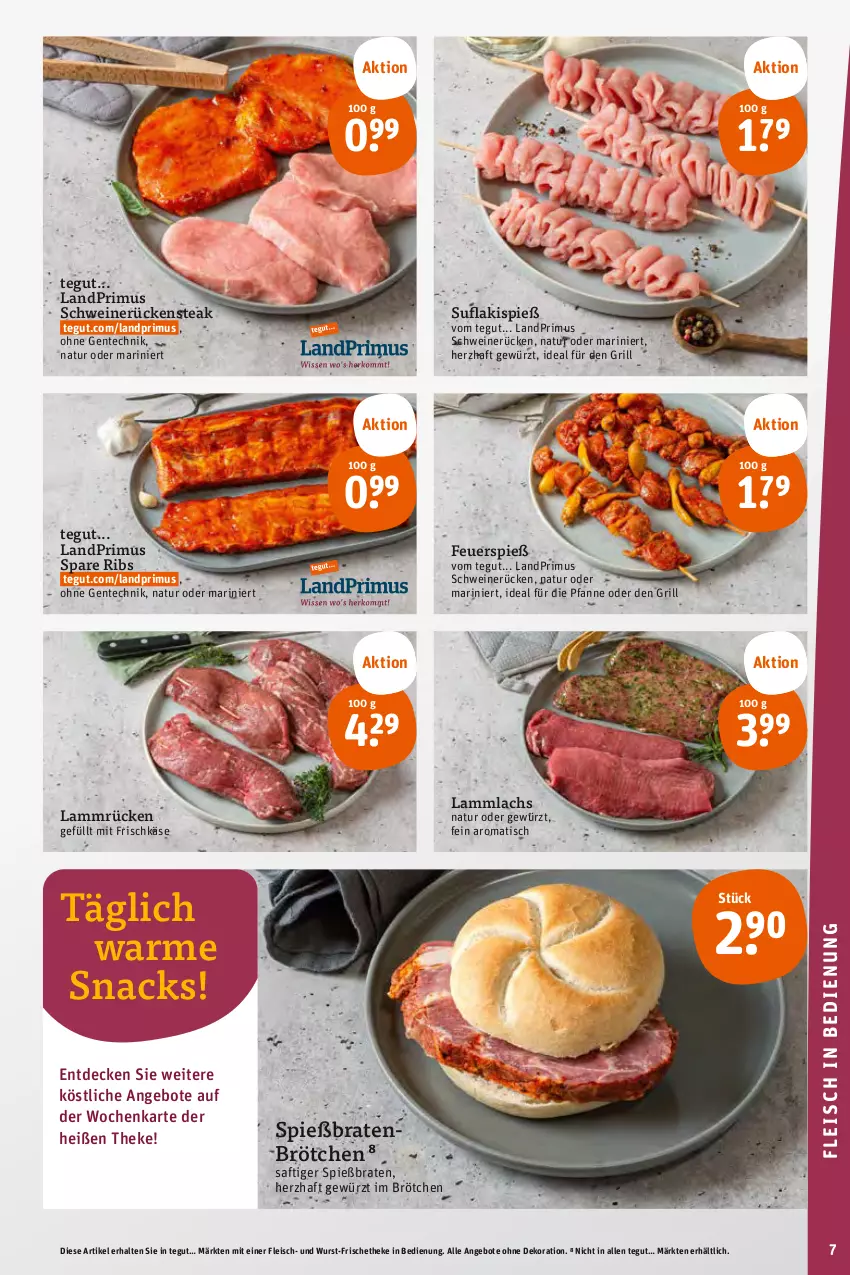 Aktueller Prospekt Tegut - Angebote der Woche - von 03.07 bis 08.07.2023 - strona 9 - produkty: angebot, angebote, braten, brötchen, decke, dekoration, eis, ente, fleisch, frischkäse, gewürz, grill, Käse, lachs, lamm, Lammrücken, landprimus, natur, pfanne, Rückensteak, saft, schwein, schweine, schweinerücken, snack, snacks, spare ribs, steak, Ti, tisch, wein, weine, wurst