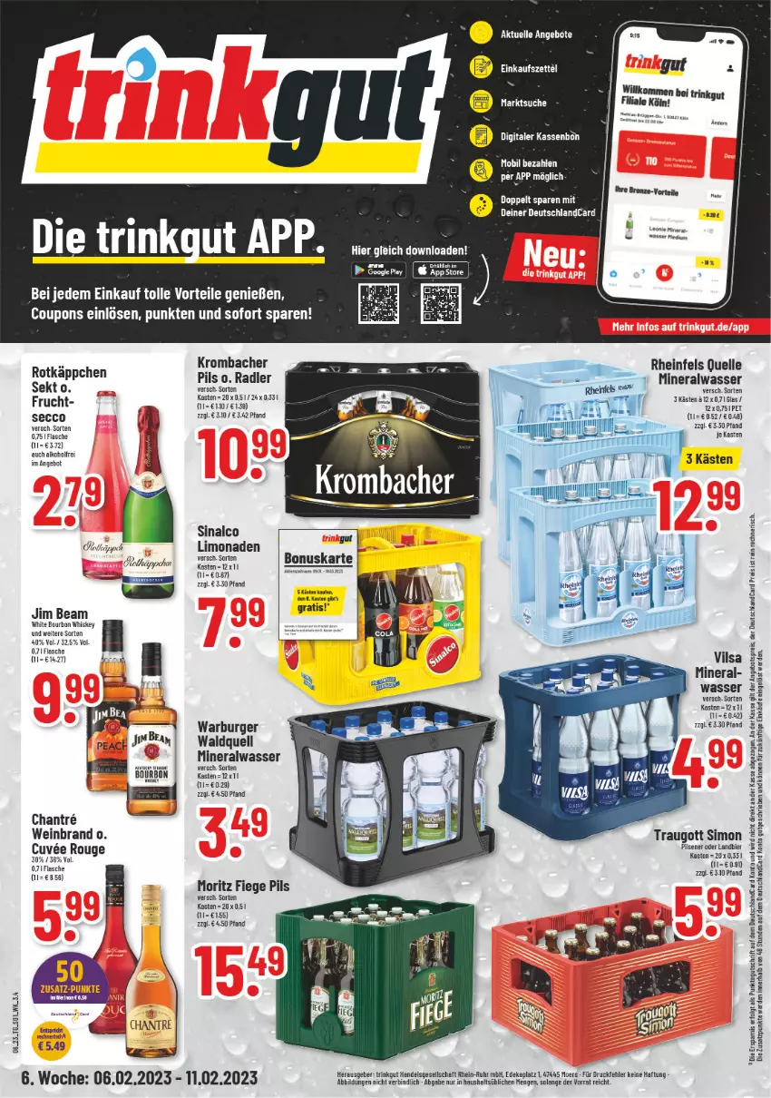 Aktueller Prospekt Trinkgut - von 06.02 bis 11.02.2023 - strona 1 - produkty: alkohol, Alwa, angebot, angebotspreis, bier, bourbon, bourbon whiskey, burger, deka, deutschlandcard, ecco, eis, elle, erde, flasche, frucht, gin, jim beam, krombache, krombacher, krombacher pils, LG, limo, limonade, limonaden, mineralwasser, pils, pilsener, radler, reis, rheinfels quelle, rotkäppchen, rouge, sekt, sim, sinalco, Ti, uhr, vilsa, wasser, wein, weinbrand, whiskey