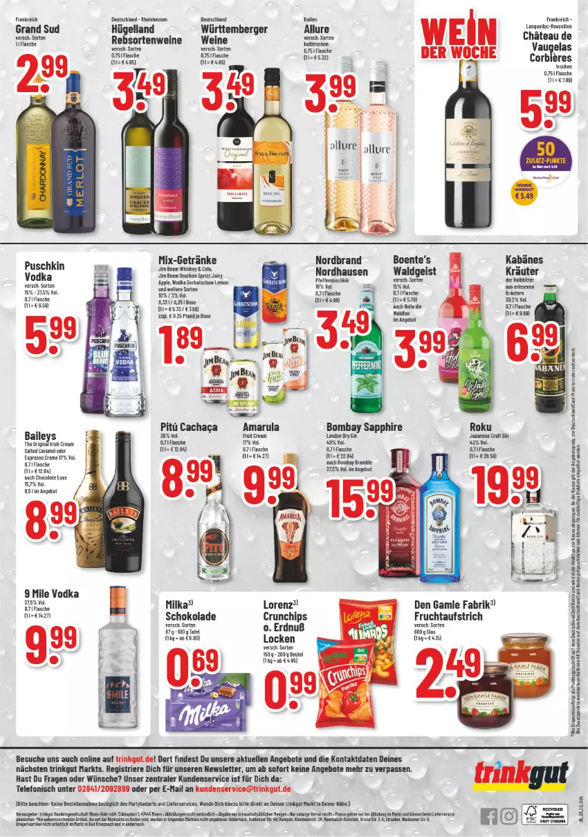 Aktueller Prospekt Trinkgut - von 06.02 bis 11.02.2023 - strona 4 - produkty: amarula, angebot, angebote, angebotspreis, Apple, aufstrich, Bad, Berger, beutel, bier, Biere, bombay sapphire, Brei, caramel, chateau, chips, cola, creme, crunchips, deka, den gamle, deutschlandcard, dry gin, eis, elle, ente, erde, espresso, flasche, frucht, fruchtaufstrich, getränk, getränke, gin, Gorbatschow, grand sud, irish cream, jim beam, kräuter, kräutern, LG, lieferservice, likör, london dry, london dry gin, lorenz, milka, nordbrand, pfeffer, pfefferminzlikör, rebsortenweine, reis, sapphire, schoko, schokolade, telefon, Ti, uhr, vodka, wein, weine, whiskey, wodka