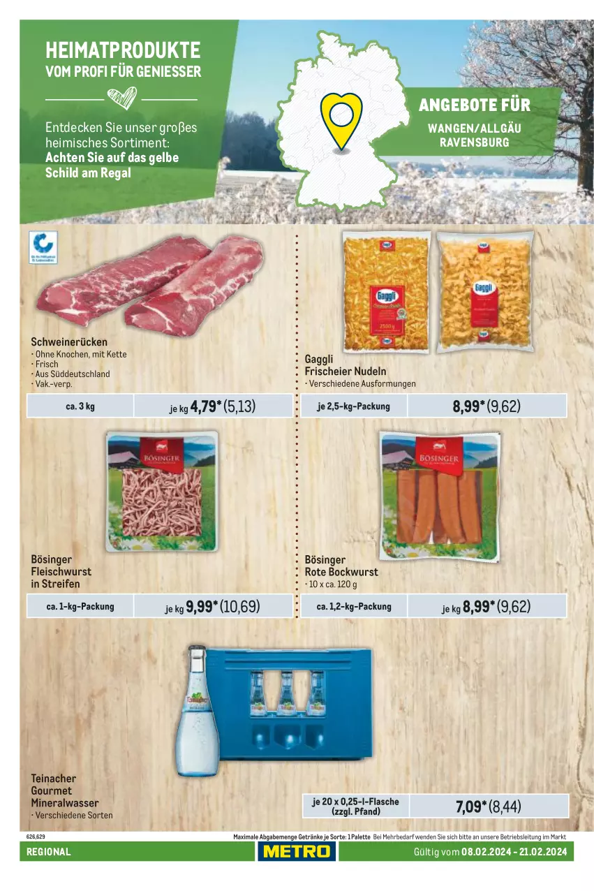 Aktueller Prospekt Metro - Regionaler Adresseinleger - von 08.02 bis 21.02.2024 - strona 104 - produkty: Alwa, angebot, angebote, bockwurst, decke, eier, eis, flasche, fleisch, fleischwurst, gaggli, getränk, getränke, Kette, LG, mineralwasser, nudel, nudeln, Palette, regal, reifen, schwein, schweine, schweinerücken, Ti, wasser, wein, weine, wurst