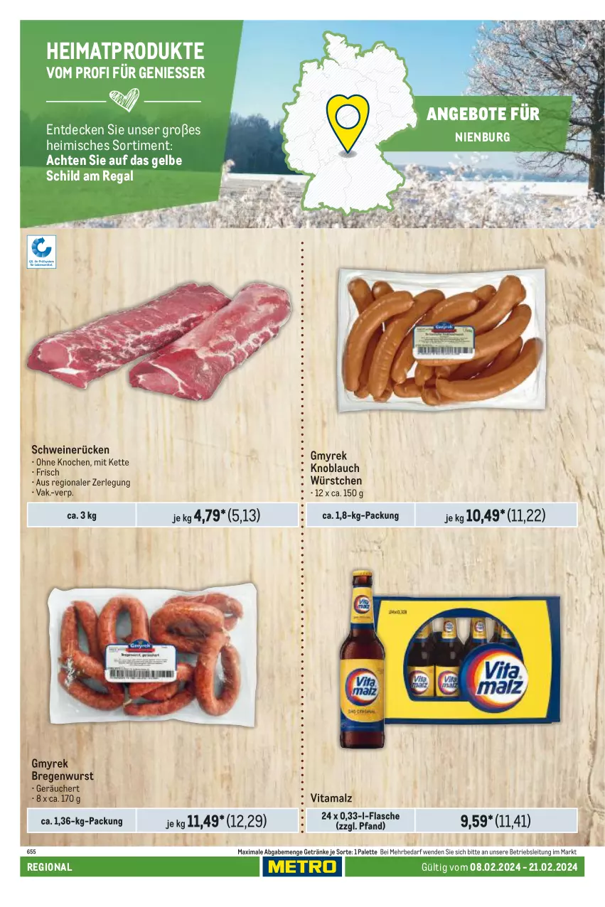 Aktueller Prospekt Metro - Regionaler Adresseinleger - von 08.02 bis 21.02.2024 - strona 12 - produkty: angebot, angebote, decke, flasche, getränk, getränke, Kette, knoblauch, malz, Palette, regal, schwein, schweine, schweinerücken, Ti, vita, vitamalz, wein, weine, wurst, würstchen