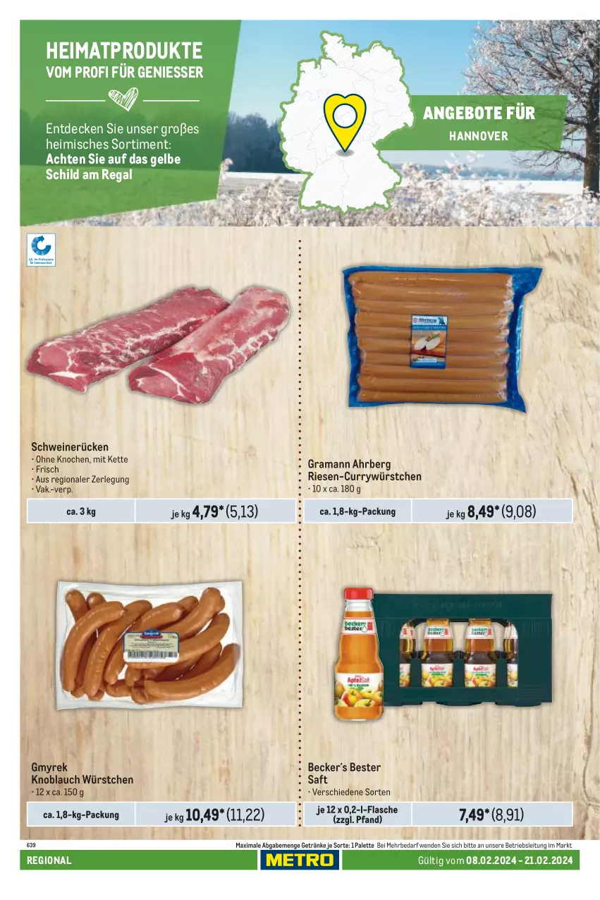 Aktueller Prospekt Metro - Regionaler Adresseinleger - von 08.02 bis 21.02.2024 - strona 16 - produkty: angebot, angebote, curry, decke, flasche, getränk, getränke, Kette, knoblauch, Palette, rama, regal, saft, schwein, schweine, schweinerücken, Ti, wein, weine, würstchen