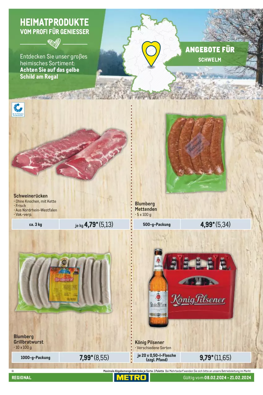 Aktueller Prospekt Metro - Regionaler Adresseinleger - von 08.02 bis 21.02.2024 - strona 22 - produkty: angebot, angebote, bratwurst, decke, flasche, getränk, getränke, grill, grillbratwurst, Kette, könig pilsener, Mett, metten, Mettenden, Palette, pils, pilsener, regal, schwein, schweine, schweinerücken, Ti, wein, weine, wurst