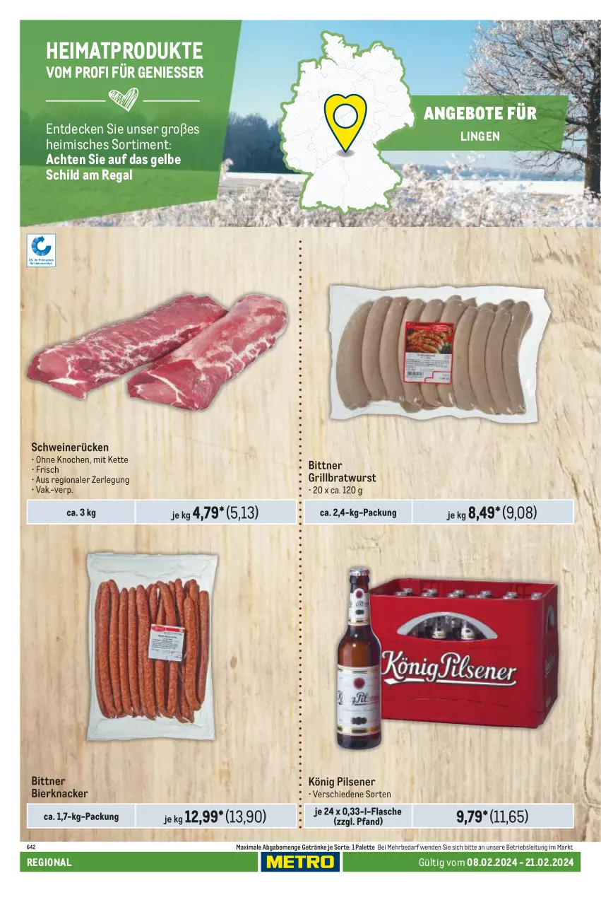 Aktueller Prospekt Metro - Regionaler Adresseinleger - von 08.02 bis 21.02.2024 - strona 32 - produkty: angebot, angebote, bier, bratwurst, decke, flasche, getränk, getränke, grill, grillbratwurst, Kette, knacker, könig pilsener, Palette, pils, pilsener, regal, schwein, schweine, schweinerücken, Ti, wein, weine, wurst