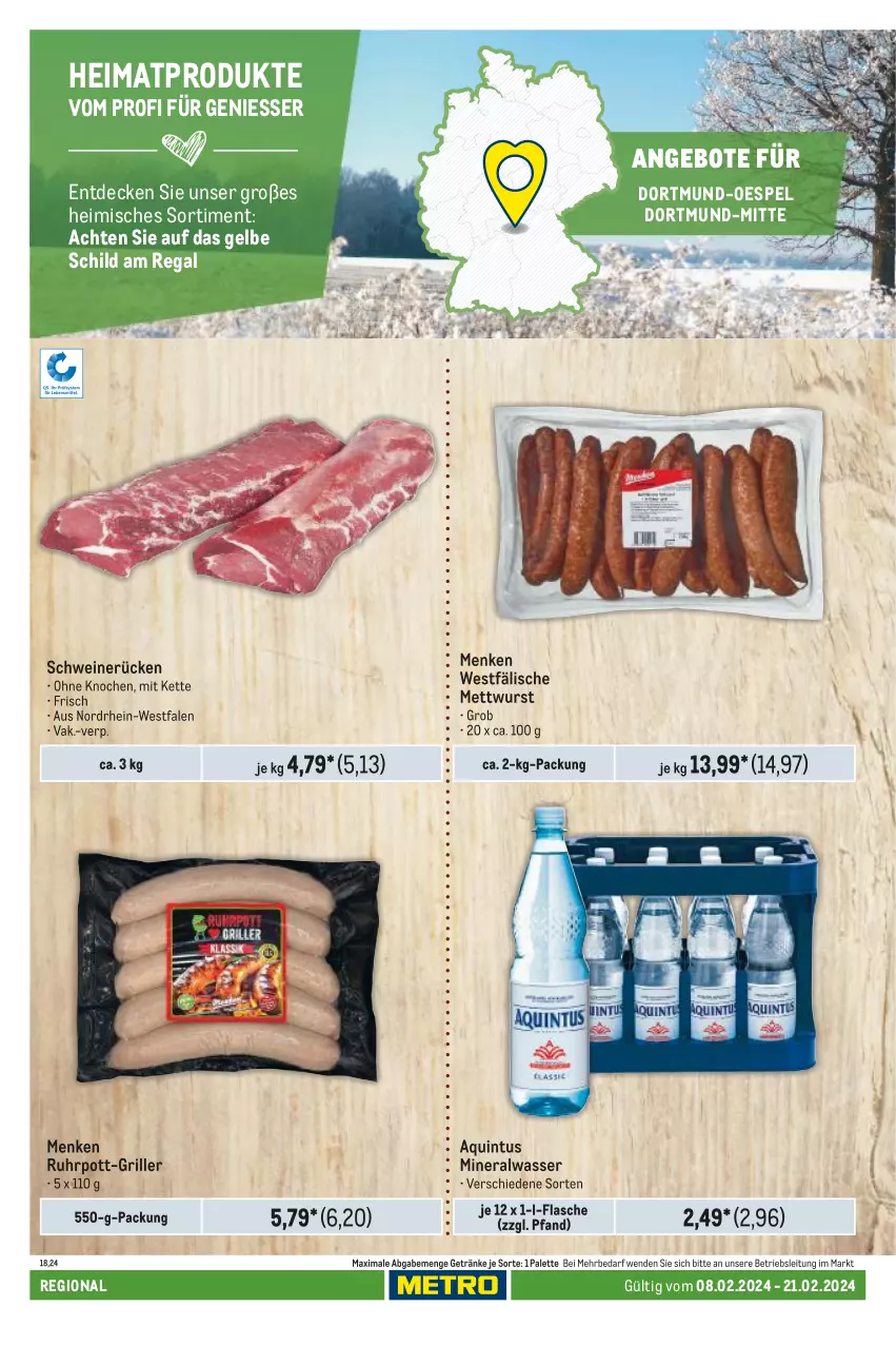 Aktueller Prospekt Metro - Regionaler Adresseinleger - von 08.02 bis 21.02.2024 - strona 34 - produkty: Alwa, angebot, angebote, decke, flasche, getränk, getränke, grill, Kette, Mett, mettwurst, mineralwasser, Palette, regal, schwein, schweine, schweinerücken, Ti, uhr, wasser, wein, weine, wurst