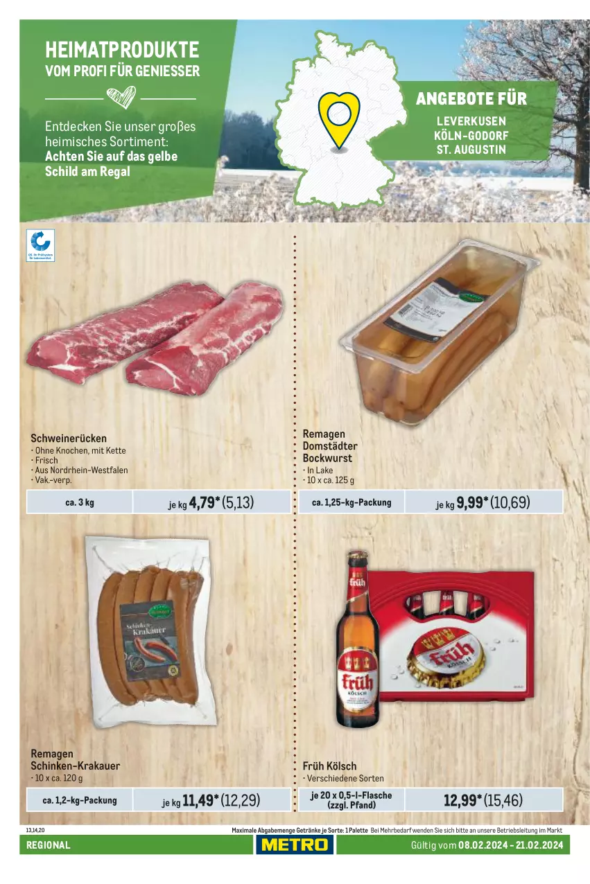 Aktueller Prospekt Metro - Regionaler Adresseinleger - von 08.02 bis 21.02.2024 - strona 48 - produkty: angebot, angebote, auer, bockwurst, decke, flasche, Früh Kölsch, getränk, getränke, Kette, krakauer, Palette, regal, schinken, schwein, schweine, schweinerücken, Ti, wein, weine, wurst