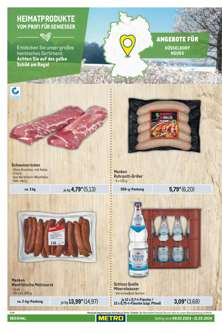 Aktueller Prospekt Metro - Regionaler Adresseinleger - von 08.02 bis 21.02.2024 - strona 70 - produkty: Alwa, angebot, angebote, decke, elle, flasche, getränk, getränke, grill, Kette, Mett, mettwurst, mineralwasser, Palette, regal, schwein, schweine, schweinerücken, Ti, uhr, wasser, wein, weine, wurst