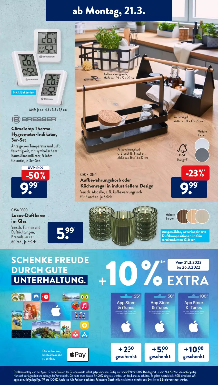 Aktueller Prospekt AldiSud - ALDI Aktuell - von 21.03 bis 26.03.2022 - strona 15 - produkty: angebot, Apple, auer, batterie, batterien, casa deco, Crofton, crofton®, dell, Duftkerze, elle, erde, flasche, Gläser, Grom, Holz, Hygrometer, kerze, korb, küche, Küchen, Küchenregal, Mode, natur, regal, rwe, Ti, usb