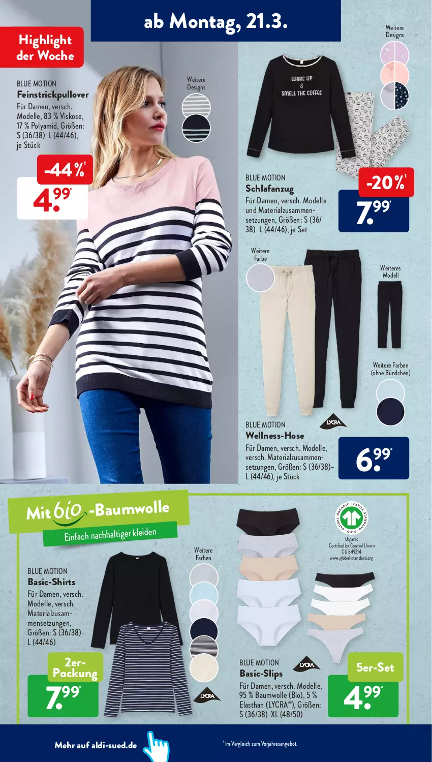 Aktueller Prospekt AldiSud - ALDI Aktuell - von 21.03 bis 26.03.2022 - strona 16 - produkty: aldi, angebot, Anzug, Bau, baumwolle, bio, dell, eis, elle, hose, Mode, Pullover, reis, resa, Ria, Schlafanzug, shirt, shirts, slip, slips, Strickpullover, Ti, wolle