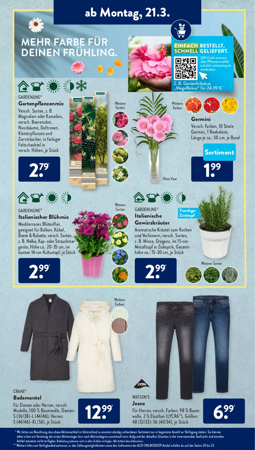 Aktueller Prospekt AldiSud - ALDI Aktuell - von 21.03 bis 26.03.2022 - strona 17 - produkty: abis, aldi, alle artikel ohne dekoration, Bad, Bademantel, Bau, baumwolle, beere, beeren, Blüte, decke, dekoration, dell, eis, elle, gardenline®, Garten, Gartenpflanze, Germ, gewürz, gin, jeans, kleid, Kleidung, kräuter, kulturtopf, Mantel, minze, Mode, nuss, obst, pflanze, pflanzen, Rauch, rosen, Ti, tisch, topf, Vase, wolle, ZTE