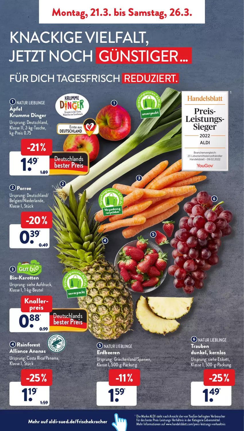 Aktueller Prospekt AldiSud - ALDI Aktuell - von 21.03 bis 26.03.2022 - strona 2 - produkty: aldi, ananas, beere, beeren, beutel, bio, bio-karotten, eis, erdbeere, erdbeeren, karotten, knallerpreis, kracher, lebensmittel, LG, natur, Rauch, reis, rum, Tasche, Ti, trauben, Yo