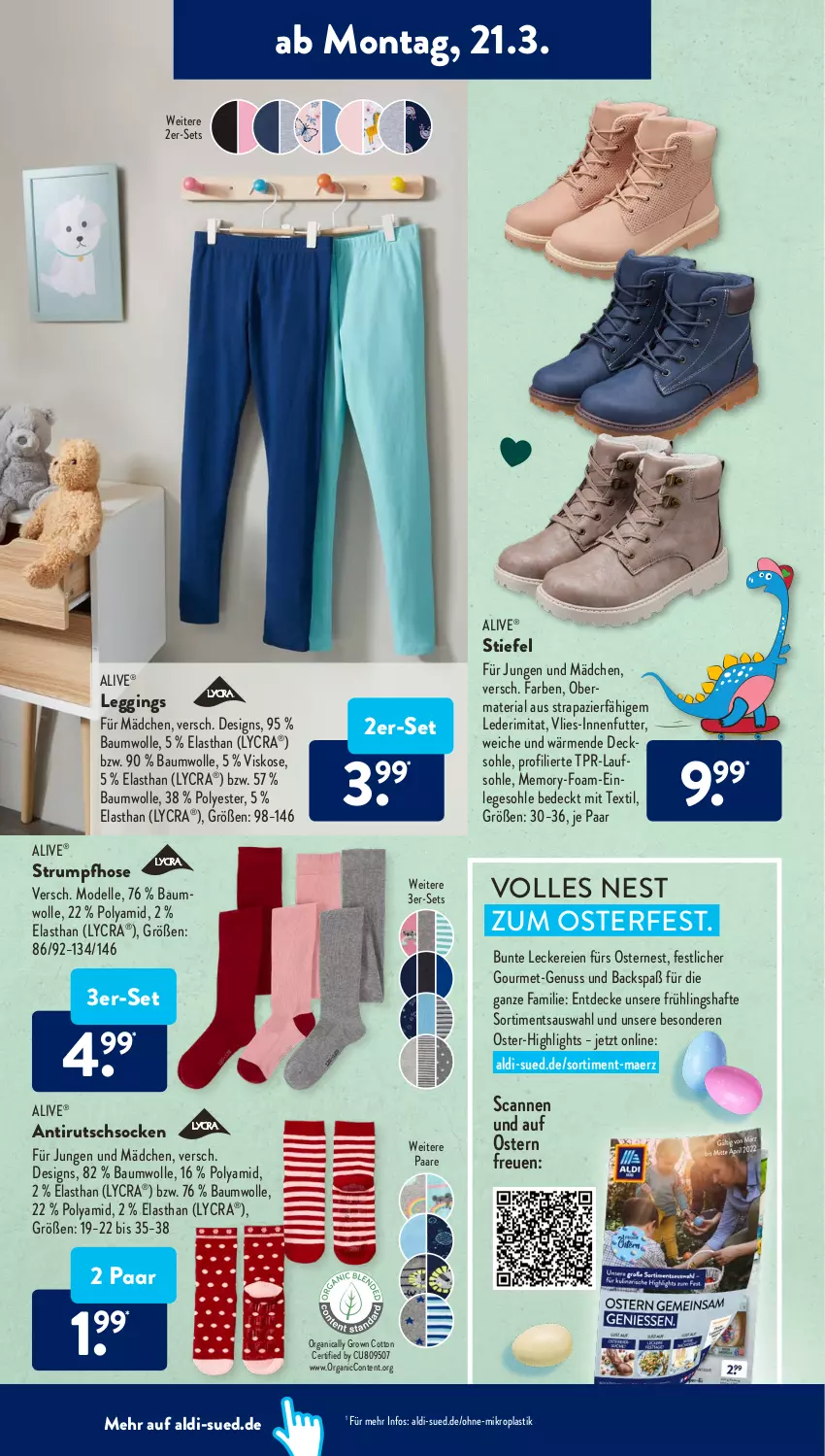 Aktueller Prospekt AldiSud - ALDI Aktuell - von 21.03 bis 26.03.2022 - strona 20 - produkty: aldi, asti, Bau, baumwolle, decke, decksohle, dell, elle, gin, hose, leggings, Mode, nuss, Ria, rum, socken, Strumpfhose, Ti, wolle