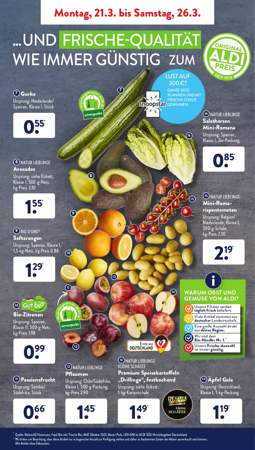 Aktueller Prospekt AldiSud - ALDI Aktuell - von 21.03 bis 26.03.2022 - strona 3 - produkty: aldi, alle artikel ohne dekoration, ambia, avocado, avocados, bio, bio-zitronen, dekoration, eis, elle, erde, frucht, gurke, kartoffel, kartoffeln, leine, LG, natur, obst, Obst und Gemüse, orange, orangen, passionsfrucht, pflaume, pflaumen, reis, rispentomaten, rum, saft, Saftorangen, salat, salatherzen, Schal, Schale, speisekartoffeln, Ti, tomate, tomaten, und gemüse, zitrone, zitronen, ZTE