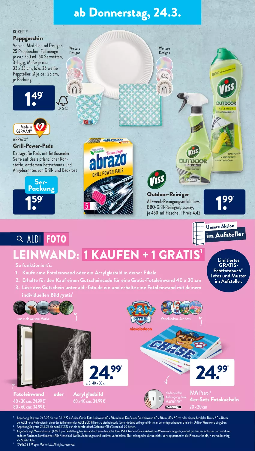 Aktueller Prospekt AldiSud - ALDI Aktuell - von 21.03 bis 26.03.2022 - strona 31 - produkty: aldi, angebot, angebote, Becher, buch, dell, eis, elle, flasche, Fotobuch, geschirr, Glasbild, grill, gutschein, Kinder, korb, LG, Liege, milch, Mode, ndk, Pappbecher, Paw Patrol, reiniger, Reinigung, Reinigungsmilch, reis, ring, Seife, Serviette, servietten, teller, Ti, weck