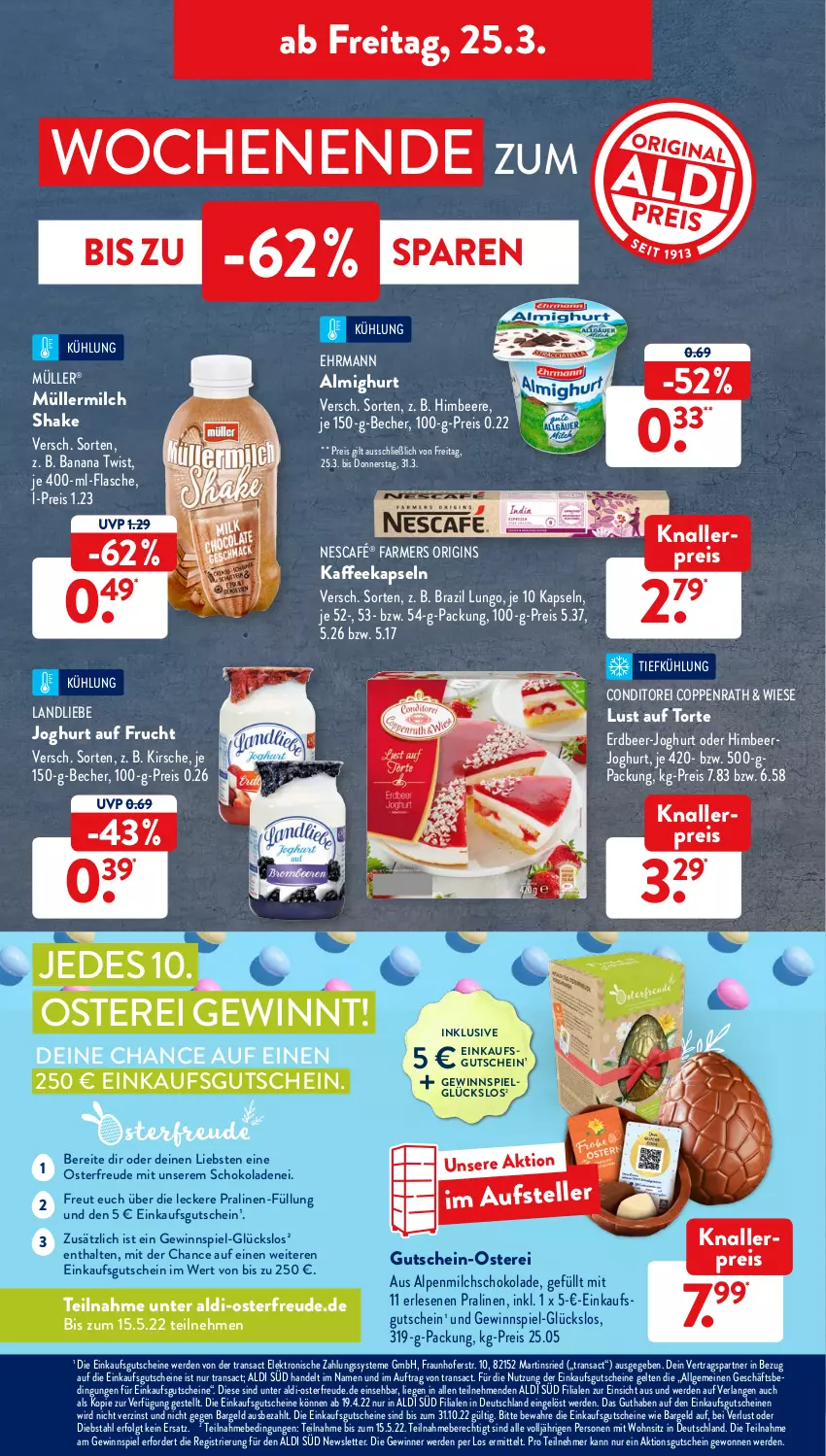 Aktueller Prospekt AldiSud - ALDI Aktuell - von 21.03 bis 26.03.2022 - strona 38 - produkty: aldi, almighur, almighurt, alpenmilch, Becher, beere, coppenrath, ehrmann, eis, Elektro, elle, erde, flasche, frucht, gewinnspiel, gin, gutschein, gutscheine, himbeer, himbeere, joghur, joghurt, kaffee, kaffeekapseln, kirsch, kirsche, knallerpreis, landliebe, LG, Liege, lungo, Lust auf Torte, milch, Müller, müllermilch, Nescafé, pralinen, reis, sac, schoko, schokolade, schokoladen, shake, teller, Ti, torte, usb