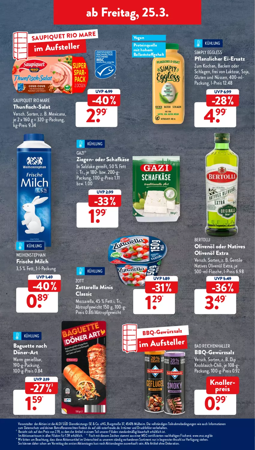 Aktueller Prospekt AldiSud - ALDI Aktuell - von 21.03 bis 26.03.2022 - strona 39 - produkty: aldi, alle artikel ohne dekoration, auer, Bad, baguette, ball, bertolli, chili, dekoration, dip, eis, elle, fisch, fische, Fischer, flasche, frische milch, gewürz, gewürzsalz, gin, je 500-ml-flasche, Käse, knallerpreis, knoblauch, milch, mozzarella, natives olivenöl, olive, oliven, olivenöl, olivenöl extra, reis, rel, Rio Mare, salat, salz, saupiquet, schafkäse, Schere, sim, soja, teller, thunfisch, Ti, weihenstephan, zott, zottarella, zottarella minis, ZTE