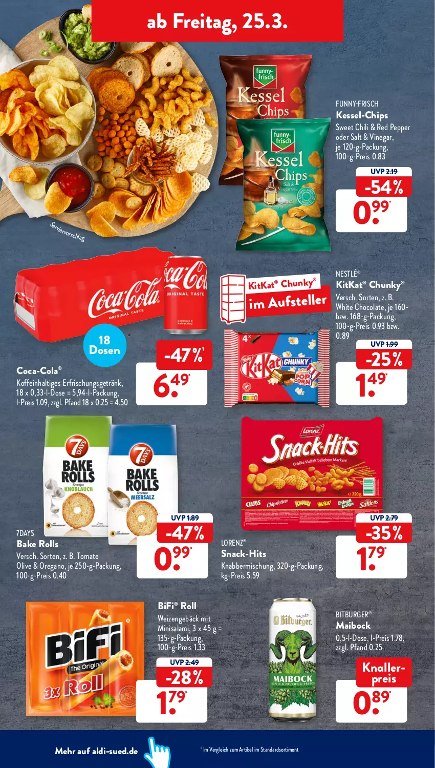 Aktueller Prospekt AldiSud - ALDI Aktuell - von 21.03 bis 26.03.2022 - strona 40 - produkty: aldi, bifi, bitburger, burger, chili, chips, coca-cola, cola, eis, elle, erfrischungsgetränk, funny-frisch, getränk, je 250-g-packung, kitkat, knallerpreis, lorenz, nestlé, olive, reis, salami, snack, teller, Ti, tomate, white chocolate