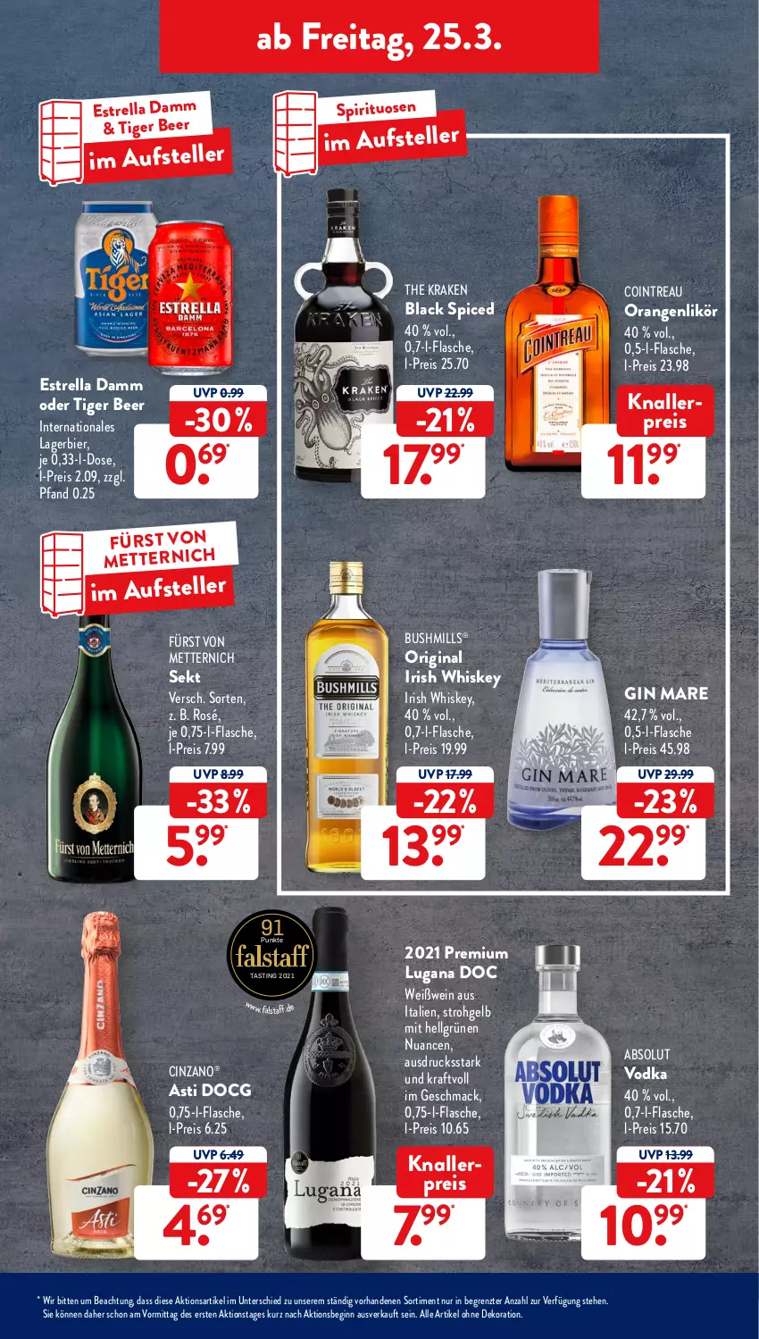 Aktueller Prospekt AldiSud - ALDI Aktuell - von 21.03 bis 26.03.2022 - strona 41 - produkty: Absolut Vodka, alle artikel ohne dekoration, asti, bier, cin, cinzano, dekoration, eis, elle, Estrella Damm, flasche, fürst von metternich, gin, gin mare, irish whiskey, knallerpreis, kraft, lack, Lagerbier, LG, likör, mac, Mett, metternich, Nuance, orange, orangen, reis, rel, sekt, spirituosen, teller, Ti, vodka, wein, Weißwein, whiskey, ZTE