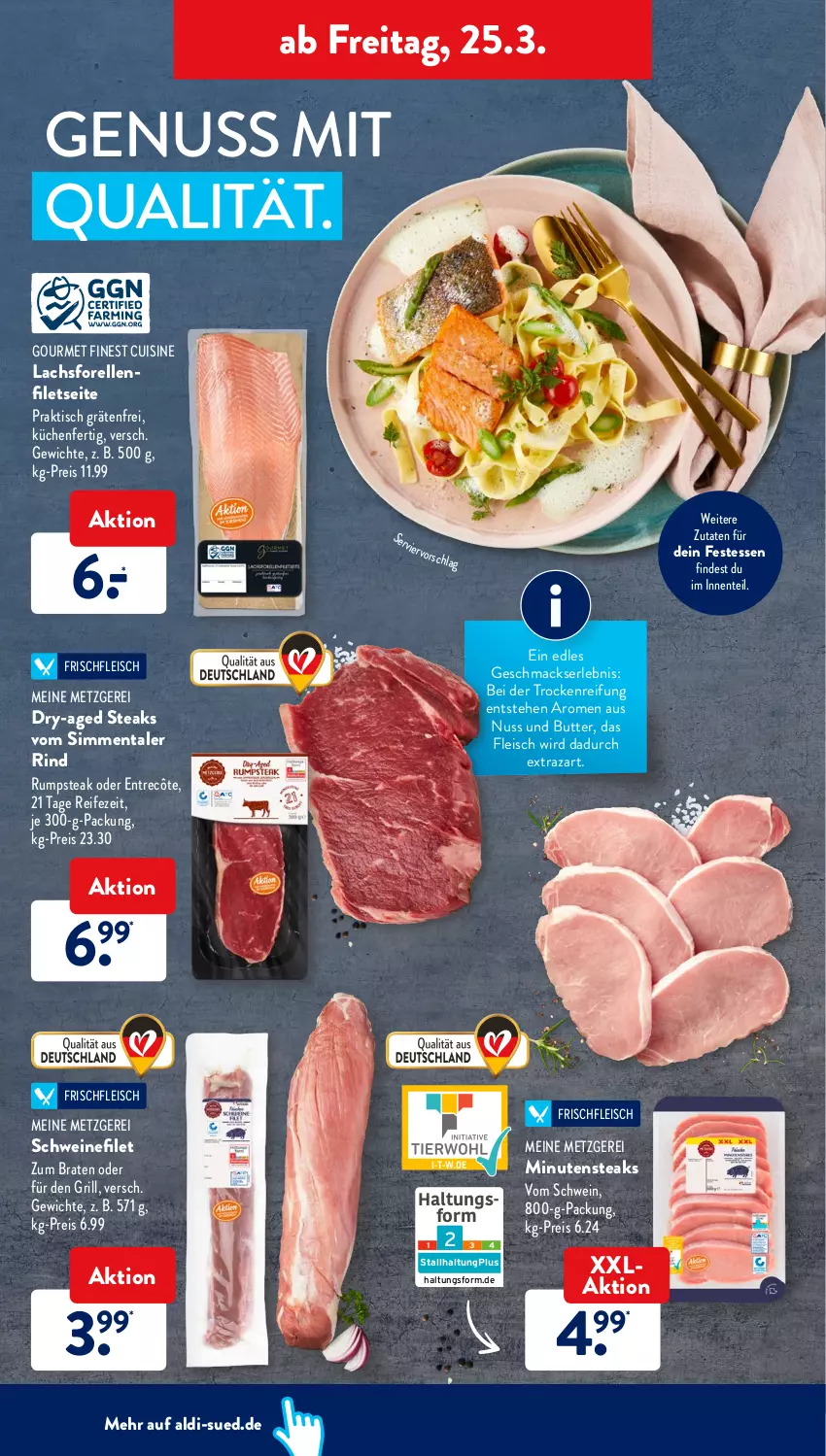 Aktueller Prospekt AldiSud - ALDI Aktuell - von 21.03 bis 26.03.2022 - strona 42 - produkty: aldi, braten, butter, eis, elle, ente, entrecôte, filet, filets, fleisch, forelle, grill, küche, Küchen, lachs, mac, minutensteaks, nuss, reis, rel, rind, rum, rumpsteak, schwein, schweine, schweinefilet, sim, steak, steaks, Ti, tisch, wein, weine