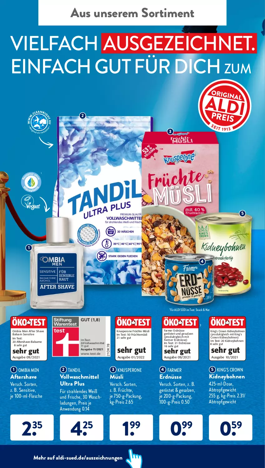 Aktueller Prospekt AldiSud - ALDI Aktuell - von 21.03 bis 26.03.2022 - strona 46 - produkty: after shave, aldi, balsam, bohne, bohnen, eis, erdnüsse, flasche, früchte, Früchte Müsli, kidney, müsli, reis, salz, snack, Ti, vollwaschmittel, waschmittel