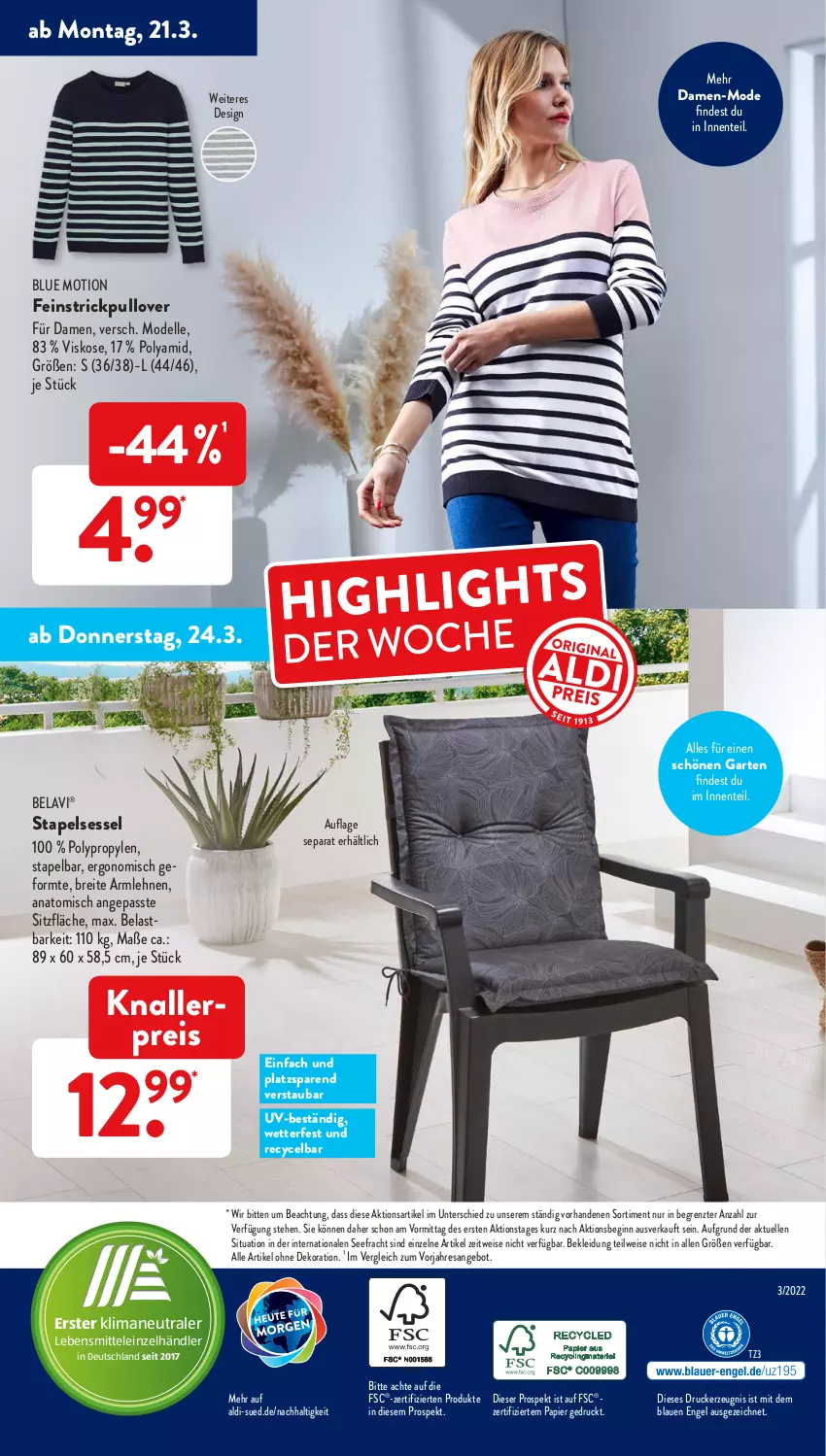 Aktueller Prospekt AldiSud - ALDI Aktuell - von 21.03 bis 26.03.2022 - strona 49 - produkty: aldi, alle artikel ohne dekoration, angebot, armlehnen, Brei, damen-mode, dekoration, dell, drucker, eis, elle, Engel, ente, Garten, gin, kerze, kleid, Kleidung, knallerpreis, lebensmittel, Mode, papier, Pullover, reis, resa, sessel, stapelsessel, Strickpullover, Ti, ZTE