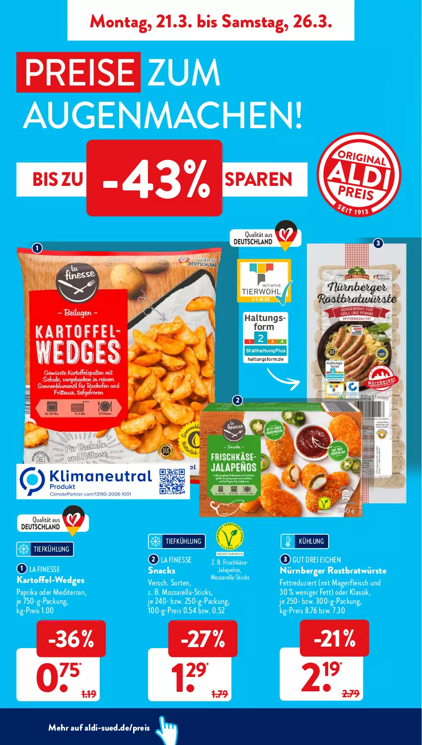 Aktueller Prospekt AldiSud - ALDI Aktuell - von 21.03 bis 26.03.2022 - strona 8 - produkty: aldi, Berger, eis, finesse, fleisch, frischkäse, jalapeño, kartoffel, Käse, mac, mozzarella, nürnberger, paprika, reis, rel, snack, snacks, Ti, wedges