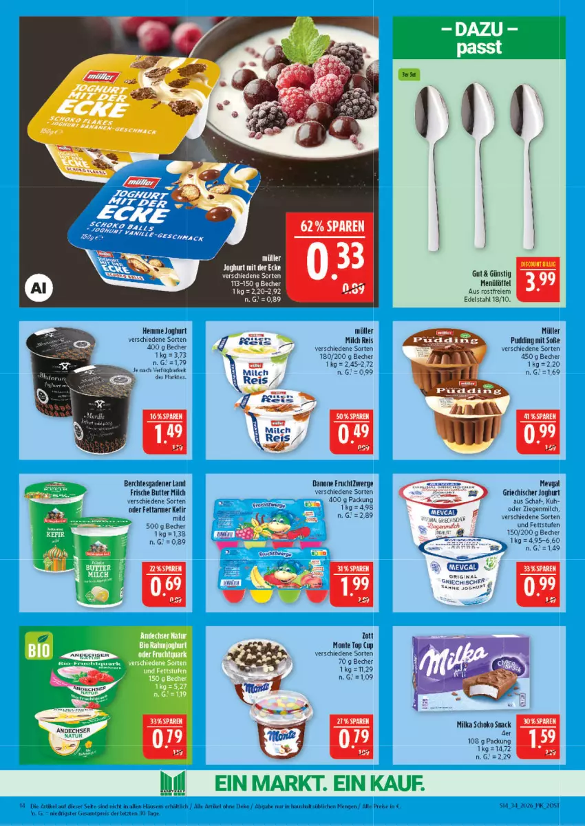 Aktueller Prospekt Marktkauf - Prospekt - von 16.08 bis 22.08.2026 - strona 14 - produkty: Becher, butter, danone, danone fruchtzwerge, discount, edelstahl, eis, frucht, fruchtzwerge, gin, Griechischer Joghurt, joghur, joghurt, joghurt mit der ecke, Kefir, Löffel, milch, milka, monte, Müller, pudding, reis, schoko, snack, Soße, Ti, zott, ZTE