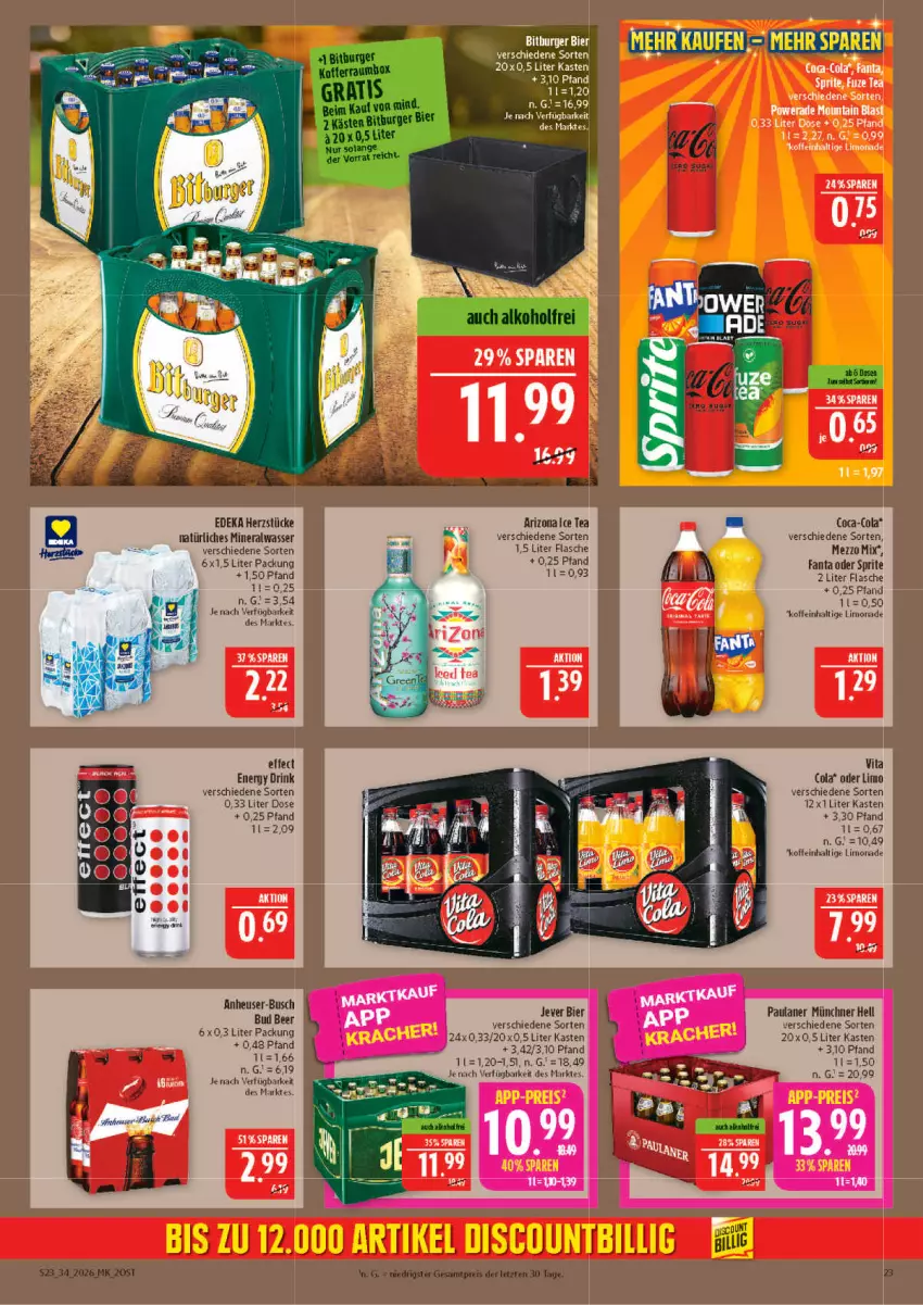 Aktueller Prospekt Marktkauf - Prospekt - von 16.08 bis 22.08.2026 - strona 23 - produkty: Alwa, bier, bitburger, burger, coca-cola, cola, deka, drink, Effect, energy drink, fanta, fanta oder, fanta oder sprite, flasche, Heu, ice tea, jever, limo, limonade, Mezzo Mix, mineralwasser, natürliches mineralwasser, oder sprite, Paula, paulaner, sprite, Ti, vita, Vita C, wasser