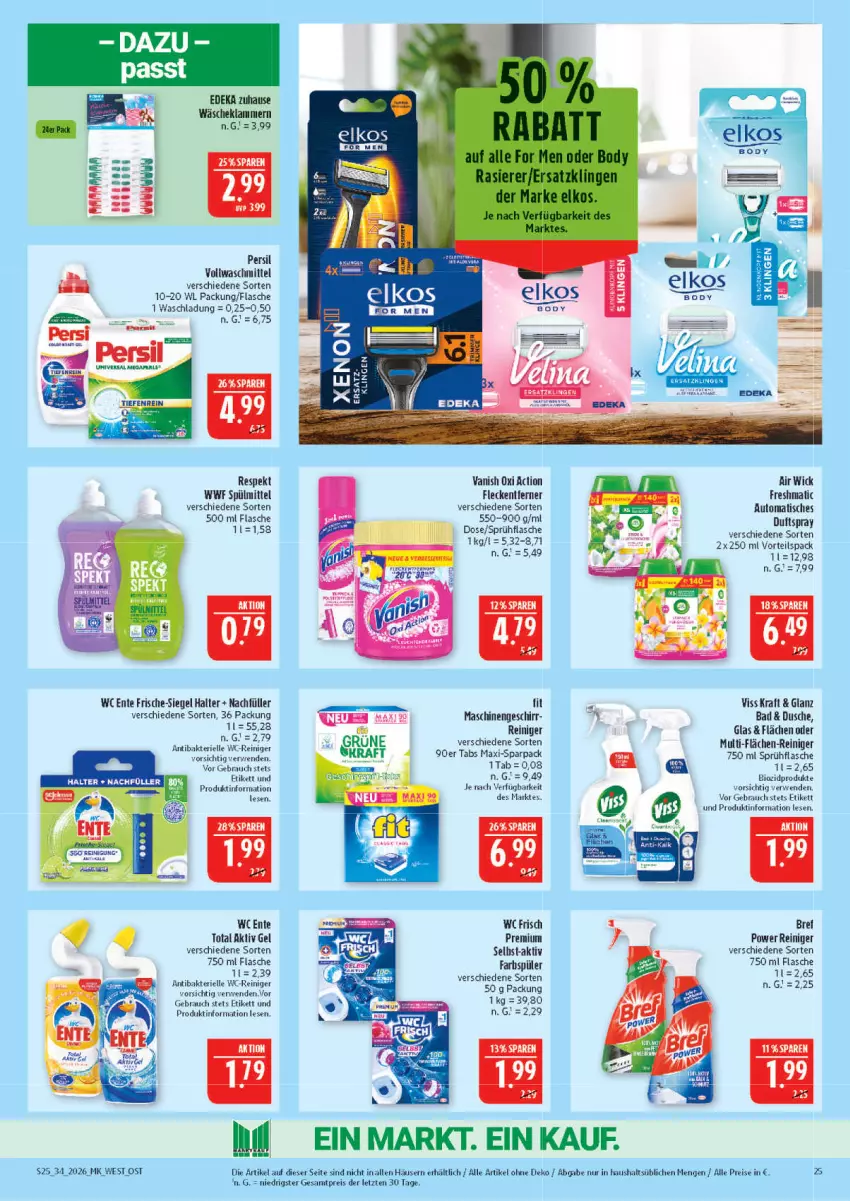 Aktueller Prospekt Marktkauf - Prospekt - von 16.08 bis 22.08.2026 - strona 25 - produkty: Air Wick, aktiv gel, auto, Bad, bio, biozidprodukte, Bref, bref power, deka, Duftspray, dusche, eis, elle, ente, flasche, fleckentferner, geschirr, Klammern, kraft, lamm, oxi action, persil, Rauch, reiniger, reis, rwe, sprühflasche, spülmittel, Ti, tisch, vanish, vanish oxi action, vollwaschmittel, waschmittel, wc ente, wc frisch, wc-reiniger, WICK, Yo, ZTE