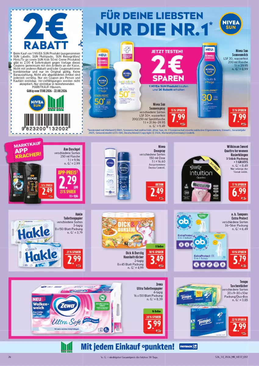 Aktueller Prospekt Marktkauf - Prospekt - von 16.08 bis 22.08.2026 - strona 26 - produkty: after sun, axe, axe duschgel, coupon, creme, deo, deospray, duschgel, eis, erde, flasche, Germ, gin, hakle, hakle toilettenpapier, haushaltstücher, Labello, milch, nero, nivea, nivea sun, papier, Rasierklinge, rasierklingen, reis, sofortrabatt, sonnenmilch, sonnenschutz, sonnenspray, sprühflasche, Tampon, tampons, Tasche, taschen, taschentücher, Tempo, Ti, toilettenpapier, tücher, wasser, wilkinson, ZTE