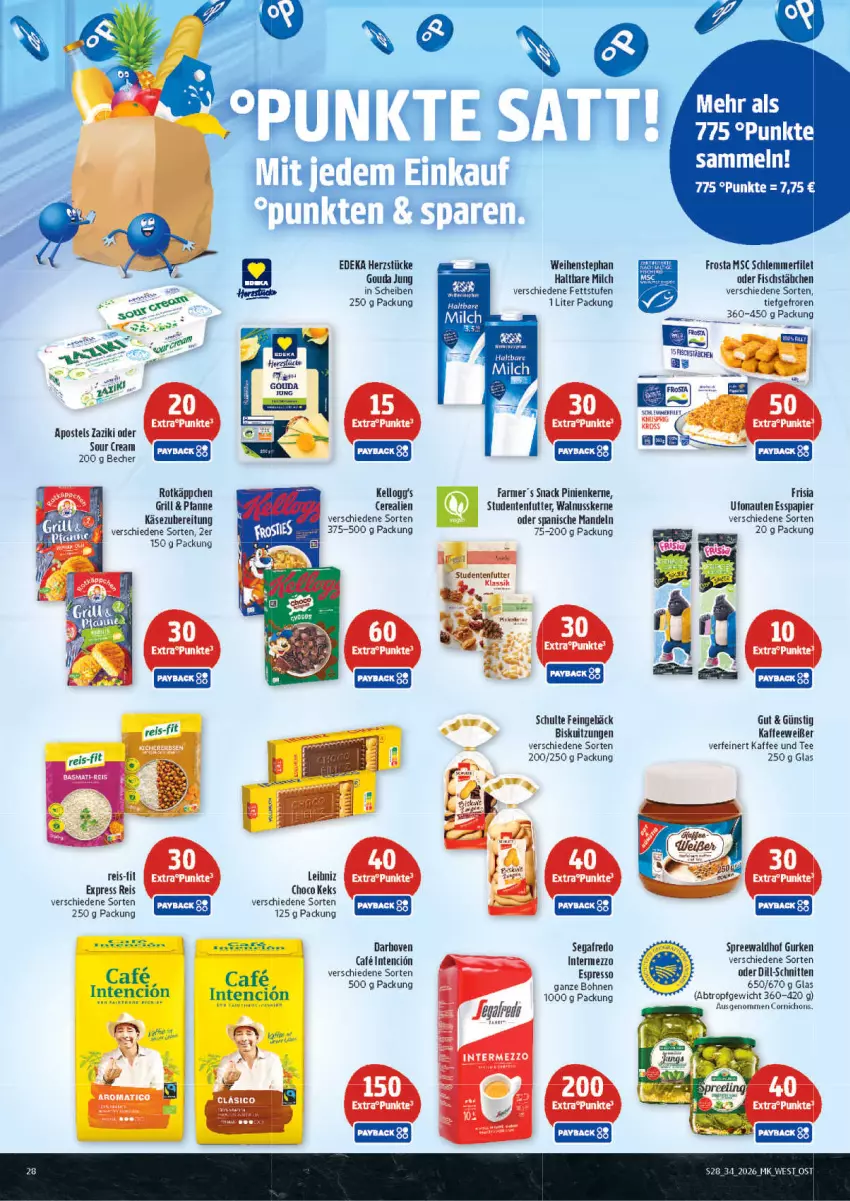 Aktueller Prospekt Marktkauf - Prospekt - von 16.08 bis 22.08.2026 - strona 28 - produkty: apostels, Becher, bohne, bohnen, cerealien, darbo, darboven, deka, eis, ente, espresso, filet, fisch, fischstäbchen, frosta, gouda, gouda jung, grill, gurke, gurken, haltbare milch, intermezzo, kaffee, Käse, keks, leibniz, mandel, mandeln, milch, nuss, papier, payback, pfanne, pinienkerne, reis, reis-fit, ring, rotkäppchen, schlemmerfilet, schnitten, Segafredo, snack, sour cream, spreewaldhof, studentenfutter, tee, tesa, Ti, walnuss, walnusskerne, weihenstephan, zaziki