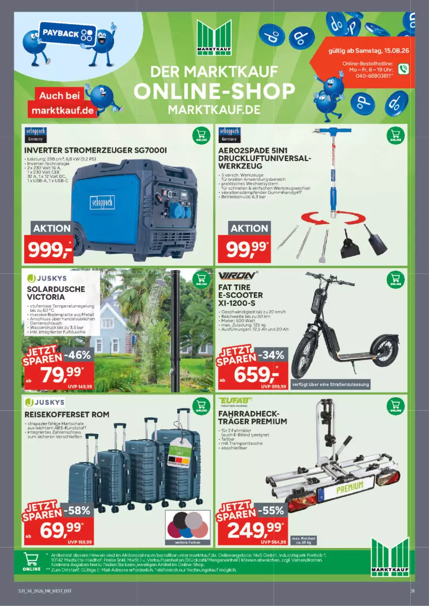 Aktueller Prospekt Marktkauf - Prospekt - von 16.08 bis 22.08.2026 - strona 31 - produkty: Brei, dusche, E-Bike, E-Bikes, eis, elle, Fahrrad, koffer, latte, reis, Ria, Schal, Schale, scooter, Sport, sporttasche, Stromerzeuger, Tasche, Ti, tisch, uhr, usb, werkzeug, werkzeuge