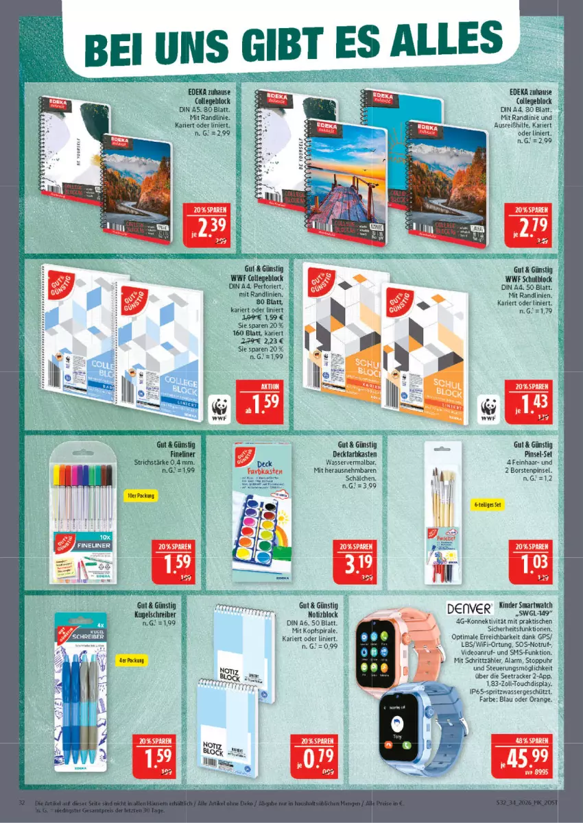 Aktueller Prospekt Marktkauf - Prospekt - von 16.08 bis 22.08.2026 - strona 32 - produkty: aeg, collegeblock, deka, deo, din a4, eier, eis, Fineliner, GPS, Kinder, orange, Pinsel, Schulblock, smartwatch, tee, Ti, tisch, uhr, wasser, Yo