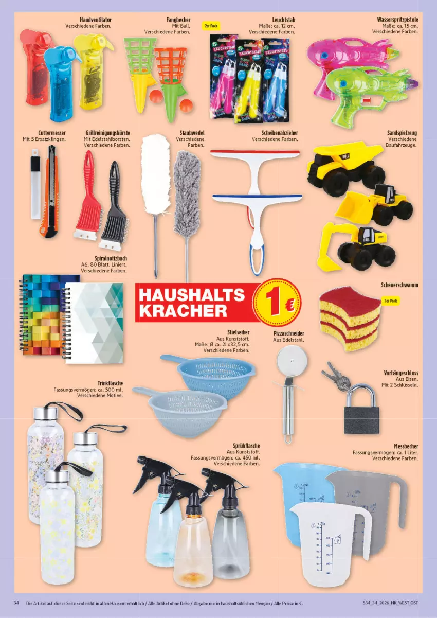 Aktueller Prospekt Marktkauf - Prospekt - von 16.08 bis 22.08.2026 - strona 34 - produkty: ball, Bau, Becher, buch, bürste, edelstahl, eis, flasche, grill, Heu, kracher, LG, messer, Reinigung, reinigungsbürste, reis, Sandspielzeug, spielzeug, sprühflasche, staubwedel, Ti, trinkflasche, ventilator, wasser, wedel