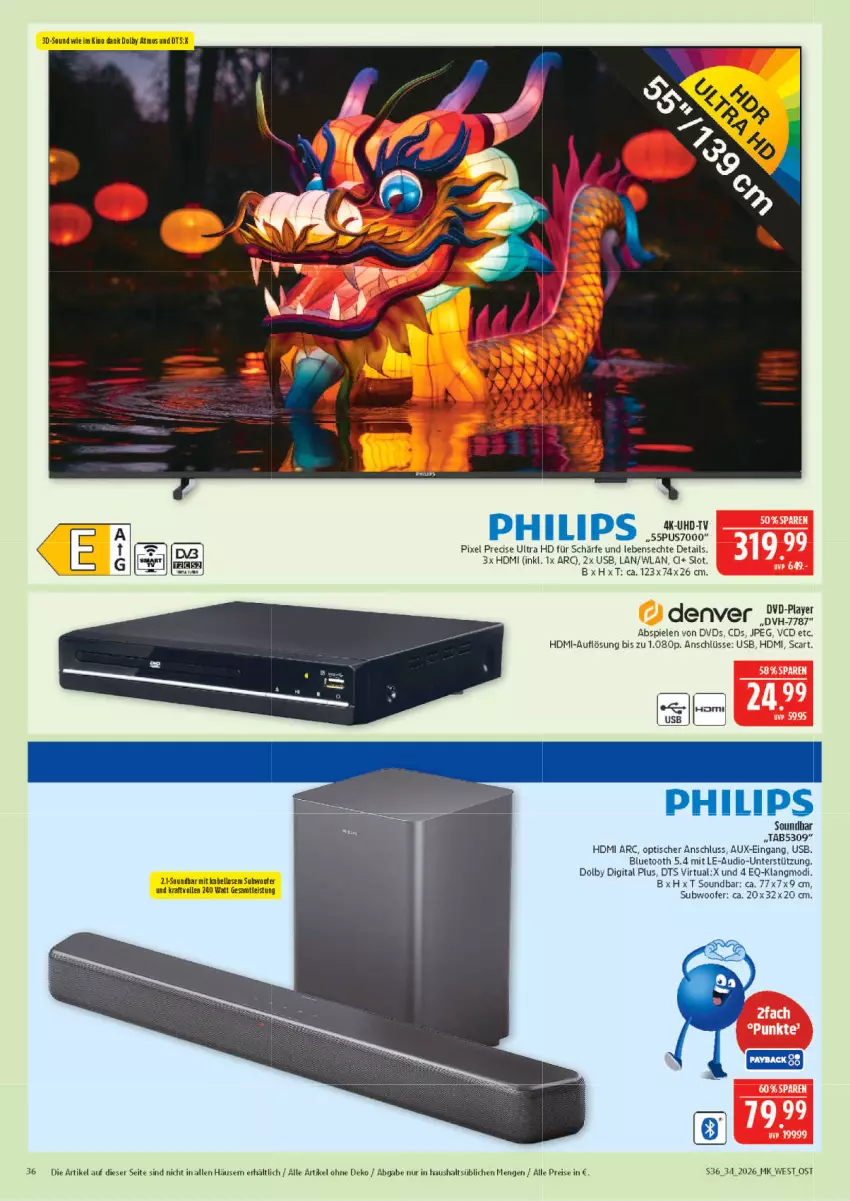 Aktueller Prospekt Marktkauf - Prospekt - von 16.08 bis 22.08.2026 - strona 36 - produkty: dvd, eis, HDMI, kraft, Philips, reis, soundbar, Spiele, Subwoofer, Ti, tisch, usb