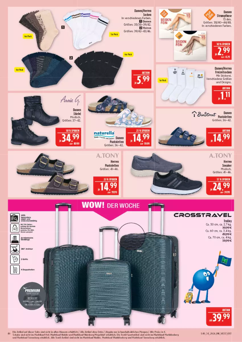 Aktueller Prospekt Marktkauf - Prospekt - von 16.08 bis 22.08.2026 - strona 40 - produkty: eis, Freizeitsocken, hose, natur, Naturella, pantolette, pantoletten, reis, rel, rum, schuhe, sneaker, socken, Sport, Strumpfhose, Ti, trolley