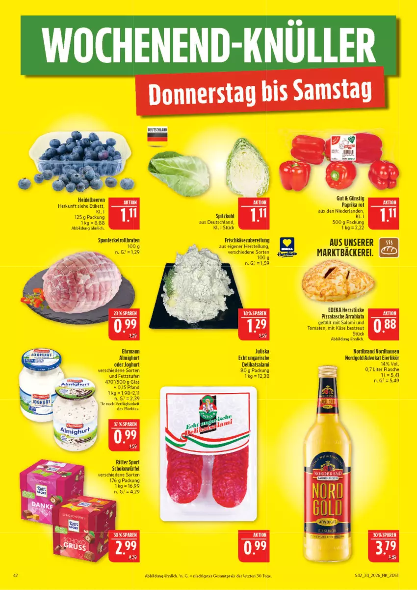 Aktueller Prospekt Marktkauf - Prospekt - von 16.08 bis 22.08.2026 - strona 42 - produkty: almighur, almighurt, beere, beeren, braten, ehrmann, eier, eierlikör, eis, flasche, frischkäse, frischkäsezubereitung, heidelbeere, heidelbeeren, joghur, joghurt, Käse, likör, nordbrand, reis, ritter, ritter sport, rollbraten, salami, schoko, schokowürfel, spitzkohl, Sport, Ti, tomate, tomaten, würfel, ZTE