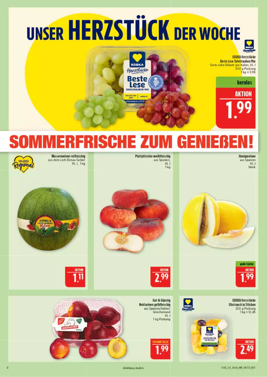 Aktueller Prospekt Marktkauf - Prospekt - von 16.08 bis 22.08.2026 - strona 8 - produkty: deka, eis, fleisch, honig, honigmelone, melone, Nektar, nektarinen, obst, pfirsich, pfirsiche, snack, tafeltrauben, Ti, trauben, wasser, wassermelone