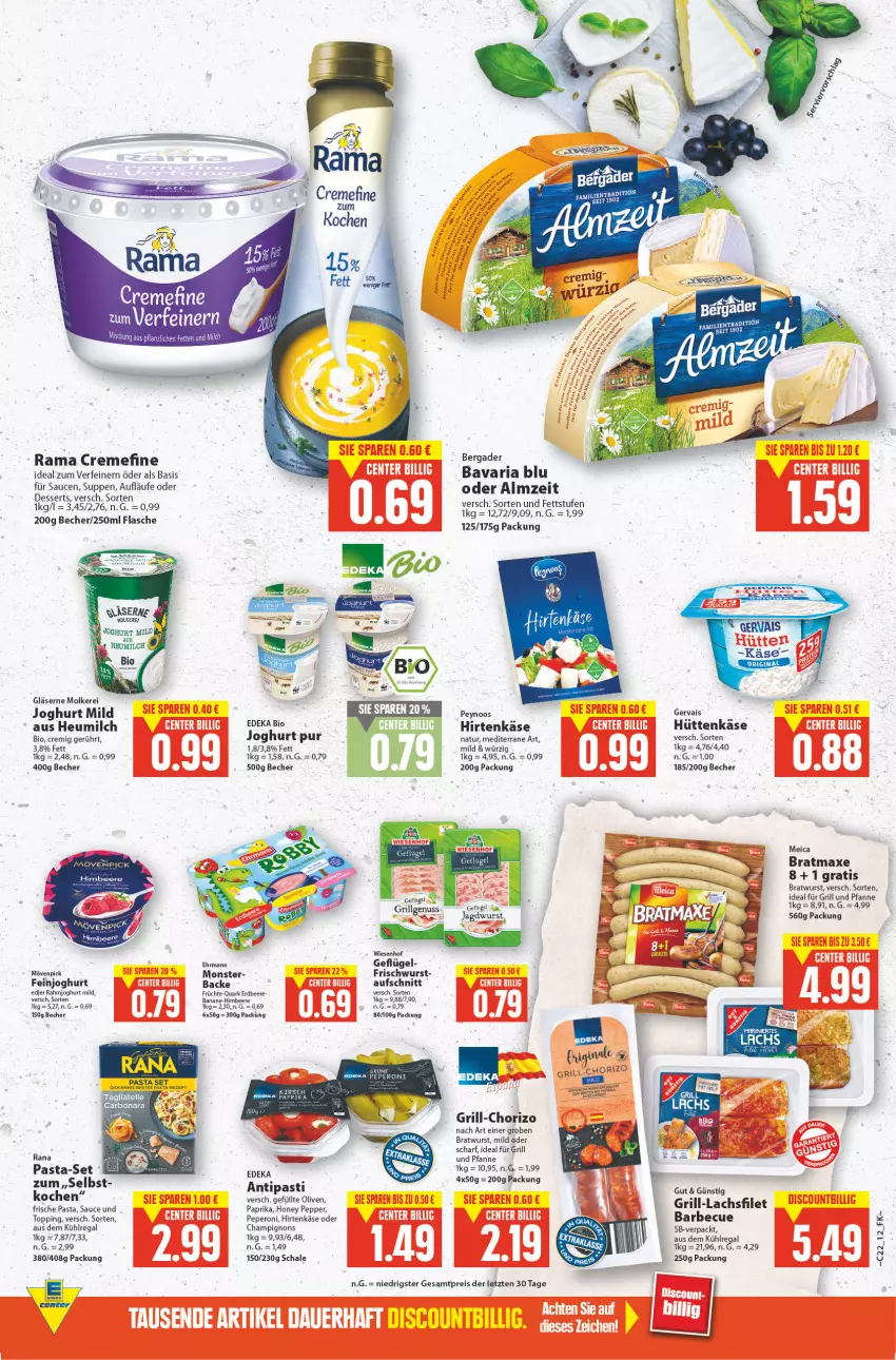 Aktueller Prospekt E Center - Angebote der Woche - von 30.05 bis 04.06.2022 - strona 11 - produkty: antipasti, asti, aufschnitt, aus dem kühlregal, axe, banane, barbecue, bavaria blu, Becher, beere, bergader, bio, bratmaxe, bratwurst, champignon, champignons, chorizo, creme, deka, dessert, desserts, edeka bio, ehrmann, eis, erdbeere, feinjoghurt, filet, flasche, Frische Pasta, früchte, für grill und pfanne, Geflügel, gervais, Gläser, grill, grill und pfanne, grill-lachs, Heu, heumilch, himbeer, himbeere, hirtenkäse, ideal für grill, ideal für grill und pfanne, jagdwurst, joghur, joghurt, joghurt mild, Käse, kirsch, kühlregal, lachs, lachsfilet, LG, meica, milch, monster, mövenpick, natur, nuss, olive, oliven, paprika, pasta, peperoni, Peroni, pfanne, quark, rahmjoghurt, rama, rama cremefine, Rana, regal, reis, rezept, Ria, rwe, sauce, saucen, Schal, Schale, suppe, suppen, Ti, und pfanne, wiesenhof, wurst, ZTE