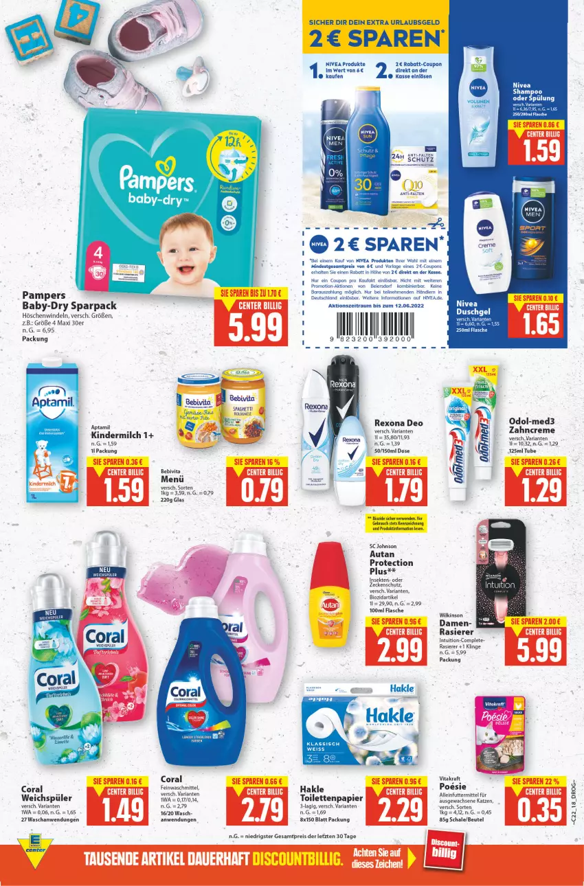 Aktueller Prospekt E Center - Angebote der Woche - von 30.05 bis 04.06.2022 - strona 16 - produkty: alleinfuttermittel, arla, Autan, baby-dry, beutel, bio, Coral, coupon, coupons, creme, deo, duschgel, eier, eis, ente, feinwaschmittel, flasche, hakle, hakle toilettenpapier, kerze, Kinder, kindermilch, kraft, milch, nivea, Odol, pampers, papier, rabatt-coupon, rasierer, reis, rexona, Ria, Schal, Schale, sekt, shampoo, shampoo oder spülung, spülung, Ti, toilettenpapier, vita, vitakraft, waschmittel, weichspüler, wilkinson, windeln, zahncreme, ZTE