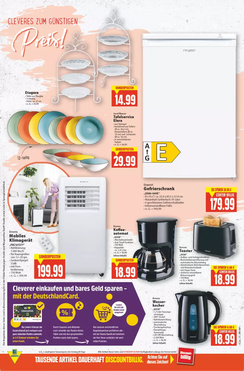 Aktueller Prospekt E Center - Angebote der Woche - von 30.05 bis 04.06.2022 - strona 17 - produkty: angebot, angebote, angebotspreis, auer, auto, braun, brot, brötchen, brötchenaufsatz, burger, dessert, deutschlandcard, discount, eis, elle, Etagere, gefrierfach, gefrierschrank, hamburger, HP, kaffee, klimagerät, Kocher, lebensmittel, mam, reis, Schal, Schrank, schubladen, schüssel, sonderposten, teller, Ti, Tiere, tisch, toast, toaster, wasser, WICK, ZTE