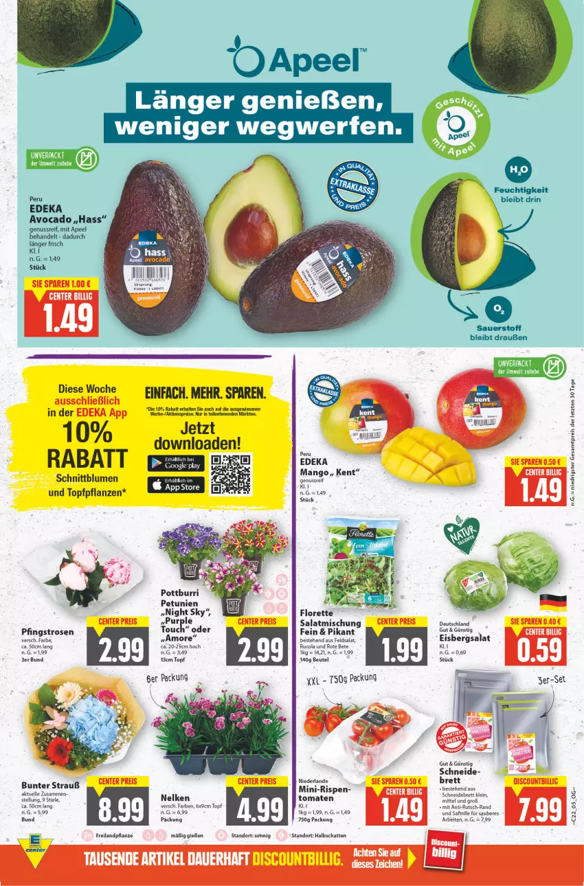 Aktueller Prospekt E Center - Angebote der Woche - von 30.05 bis 04.06.2022 - strona 5 - produkty: aktionspreis, avocado, beutel, blume, blumen, cola, deka, eis, eisbergsalat, elle, ente, feldsalat, florette, google play, mango, nuss, petunie, petunien, Pfingstrosen, pflanze, pflanzen, reis, rosen, rote bete, rucola, saft, salat, schneidebrett, Ti, tomate, tomaten, topf, ZTE