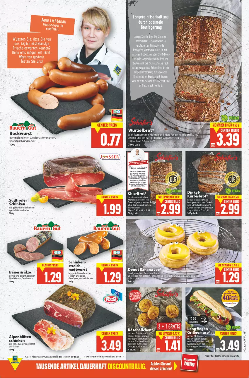 Aktueller Prospekt E Center - Angebote der Woche - von 30.05 bis 04.06.2022 - strona 7 - produkty: auer, baguette, ball, Bau, Bauer, bier, blume, blumen, Blüte, bockwurst, brot, chia, deutschland card, Dinkelvollkornmehl, Donut, eis, fleisch, gewürz, gouda, grill, hafer, haferflocken, Käse, korn, Kornbrot, Kürbis, kürbiskerne, LG, mac, mais, mehl, Mett, mettwurst, möhren, nuss, olive, oliven, olivenöl, reis, rel, Ria, rohschinken, saft, schinken, snack, Spezi, Ti, tisch, wurst, ZTE