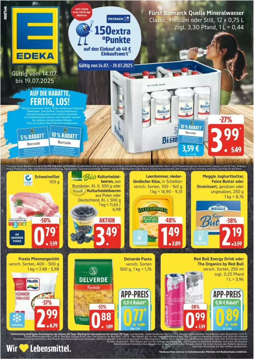 Aktueller Prospekt Edeka - Prospekte - von 14.07 bis 19.07.2025 - strona 1 - produkty: Alwa, bismarck, buch, butter, coupon, drink, eier, eis, elle, gutschein, gutscheine, Käse, lebensmittel, mineralwasser, pfanne, pfannen, reis, ssd, Streichzart, tee, Ti, wasser, ZTE